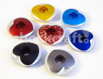 Heart Stem Caps in (clockwise from left) red, gold, bright blue, deep blue, pewter or black